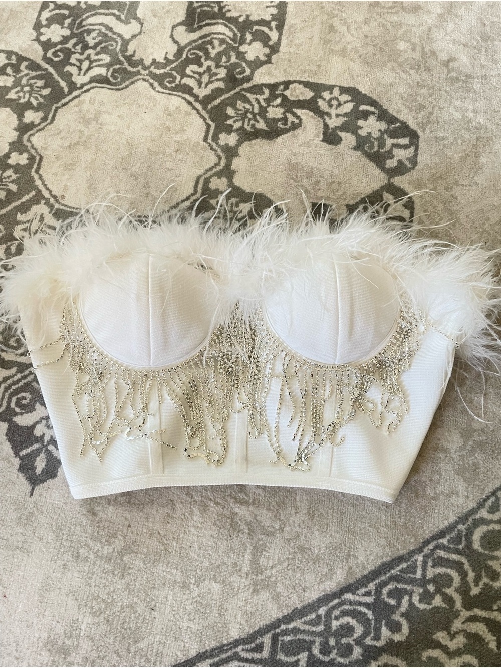 Superdown White Feather & Beaded Bustier Crop Top